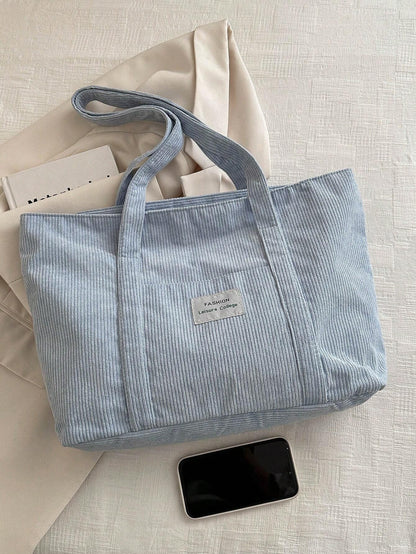Large corduroy tote bag featuring a retro design, perfect for school and work, offering spacious storage and comfortable everyday use. 5
