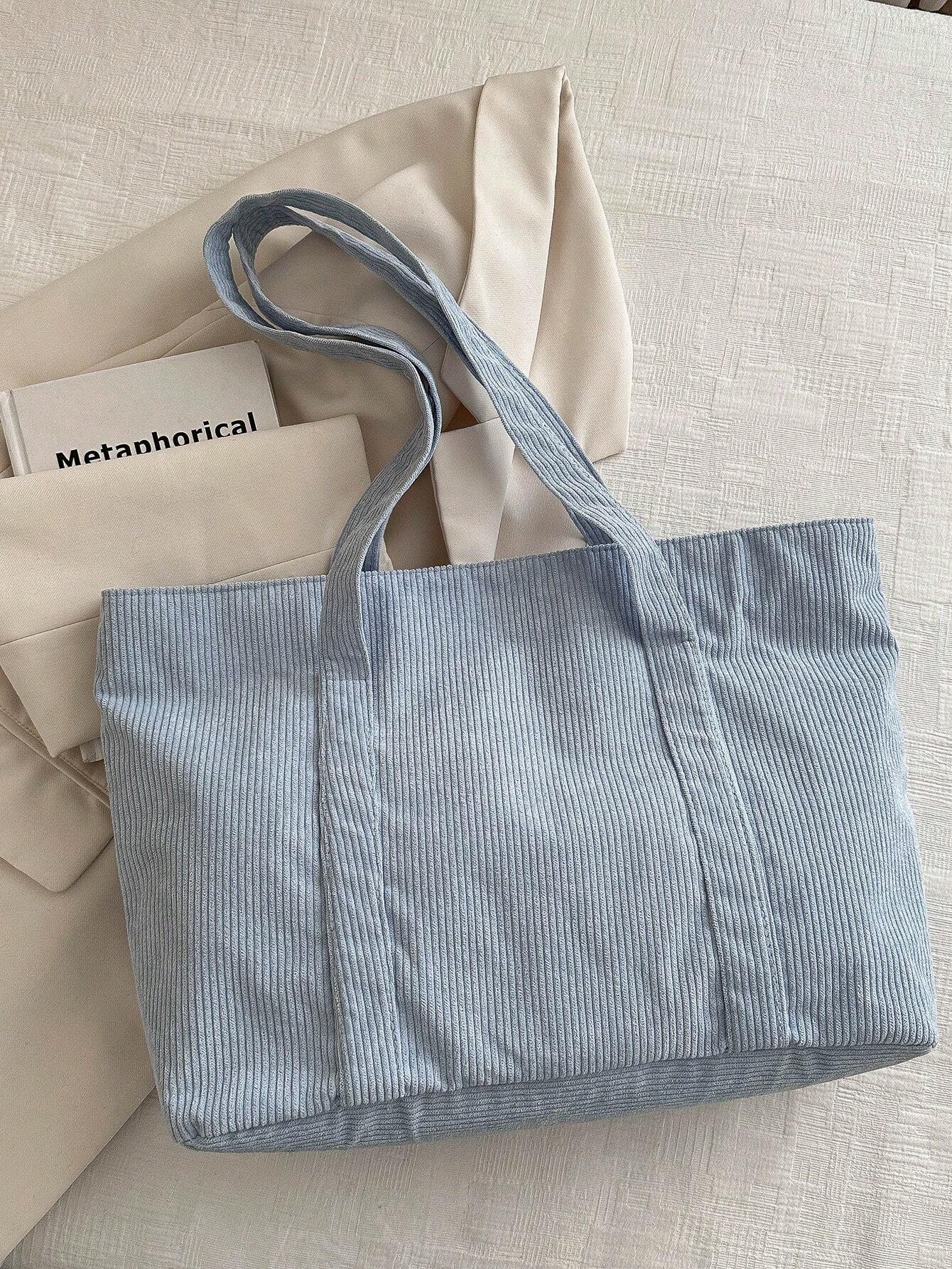 Large corduroy tote bag featuring a retro design, perfect for school and work, offering spacious storage and comfortable everyday use. 6