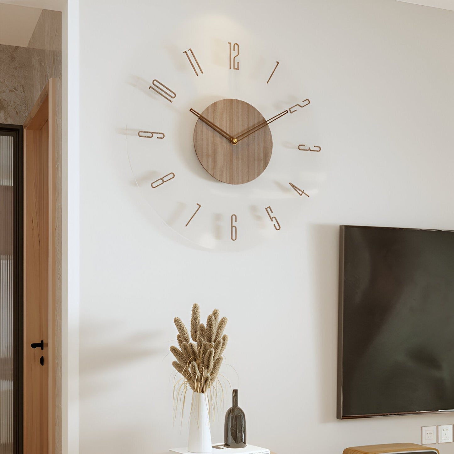 Large modern wall clock featuring a natural wooden design and a silent mechanism, perfect for enhancing stylish interiors. 1