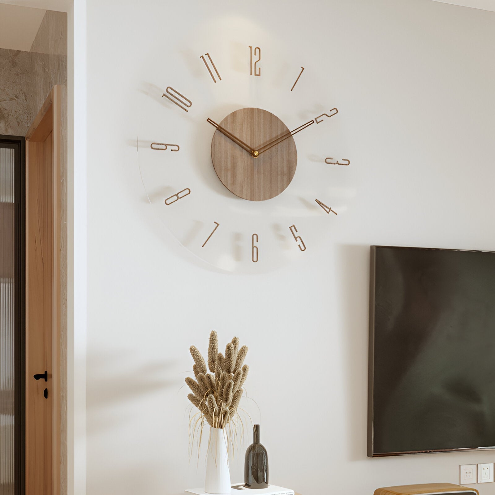 Large modern wall clock featuring a natural wooden design and a silent mechanism, perfect for enhancing stylish interiors. 1