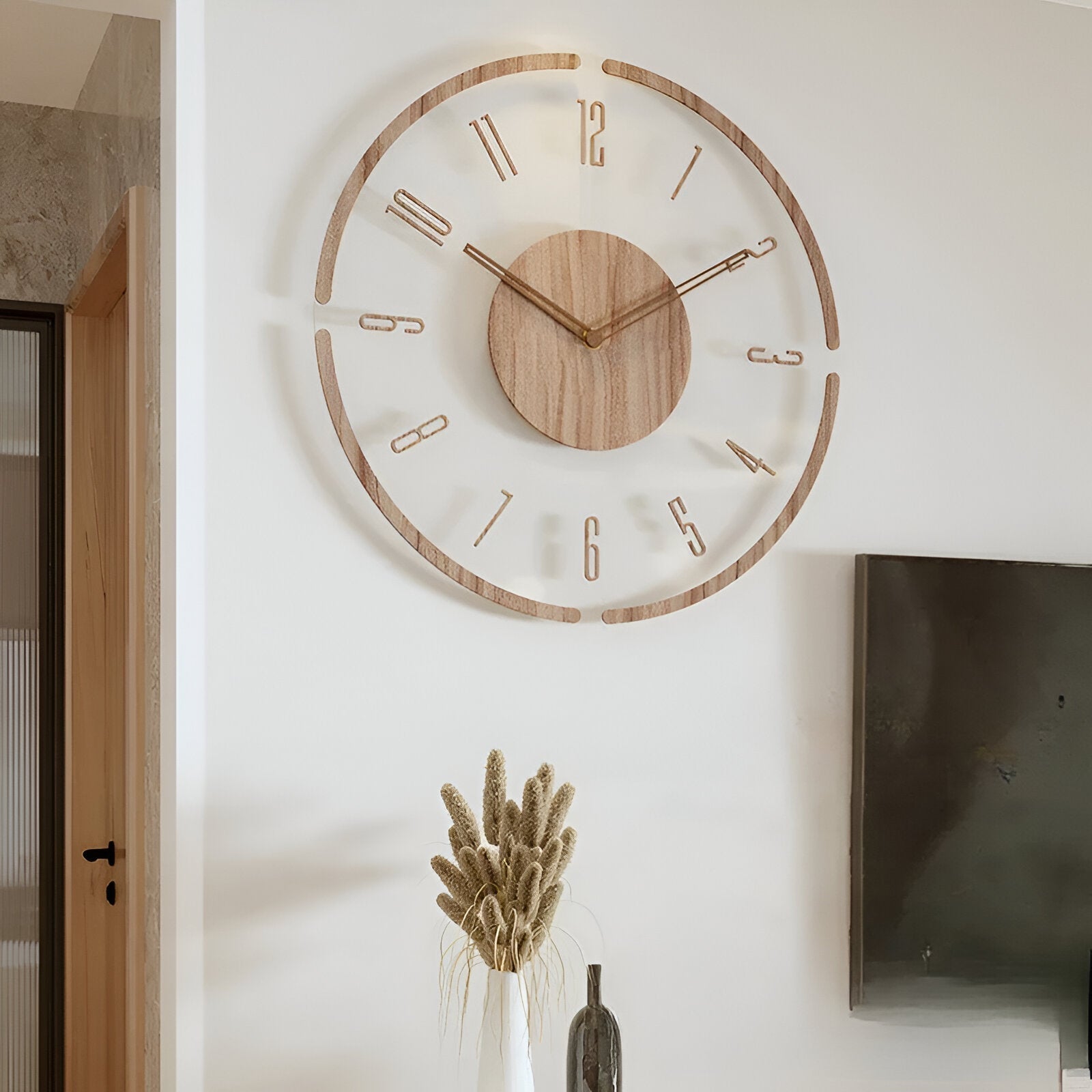 Large modern wall clock featuring a natural wooden design and a silent mechanism, perfect for enhancing stylish interiors. 6