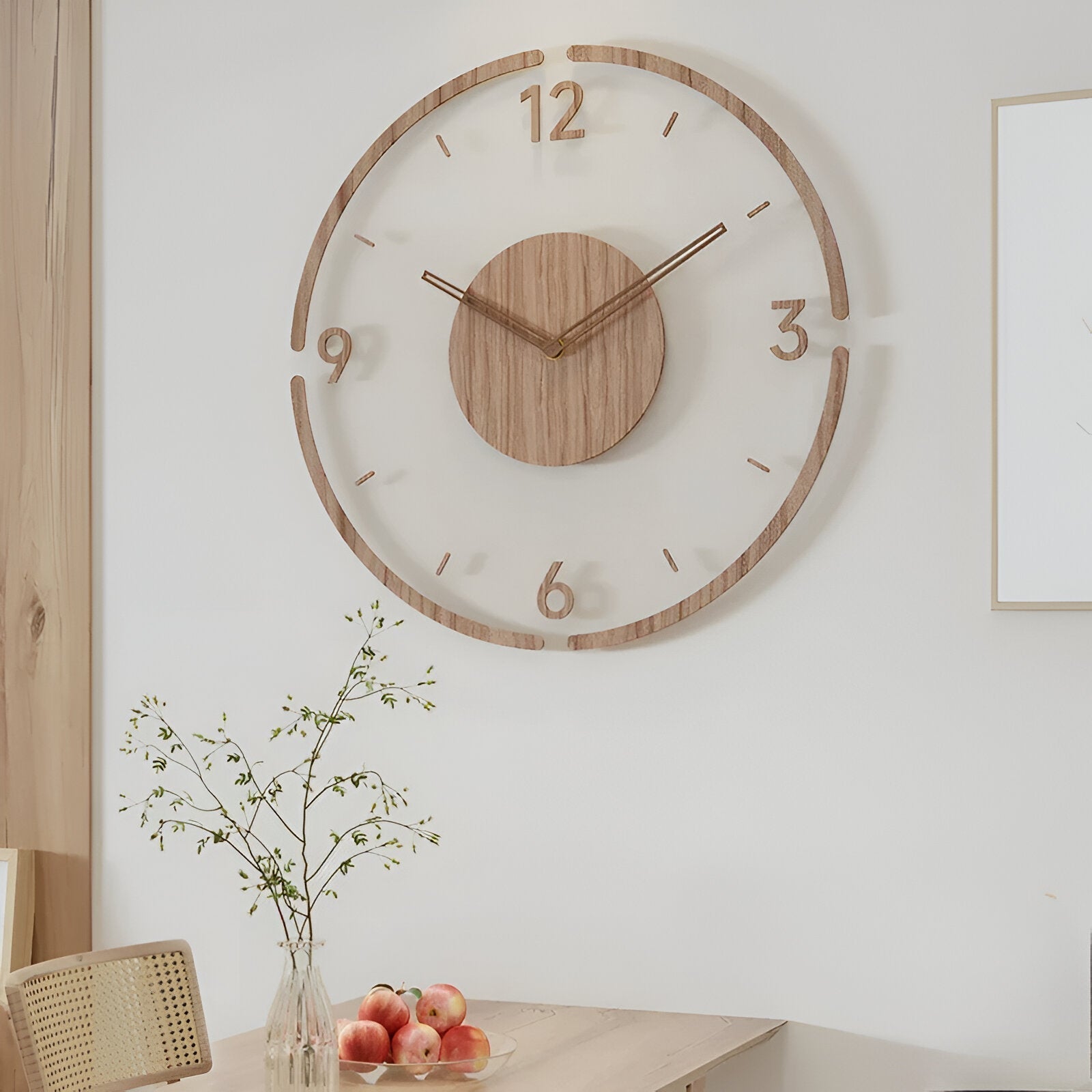Large modern wall clock featuring a natural wooden design and a silent mechanism, perfect for enhancing stylish interiors. 4