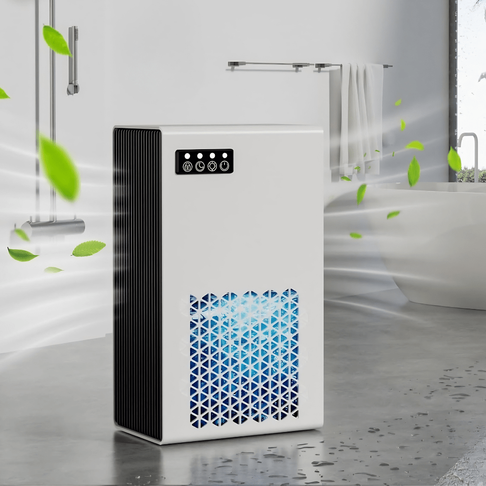 Large room dehumidifier designed for bedrooms and bathrooms up to 1000 sq ft, featuring quiet operation and an auto shut-off function, showcasing a 0
