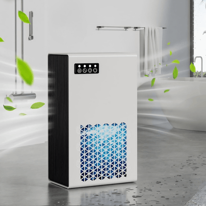 Large room dehumidifier designed for bedrooms and bathrooms up to 1000 sq ft, featuring quiet operation and an auto shut-off function, showcasing a 0
