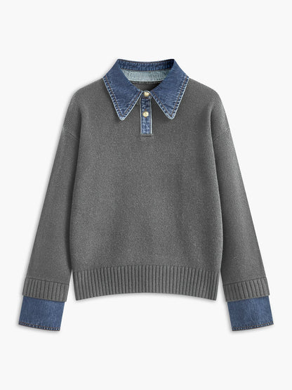 Layered knit polo sweater in navy featuring a denim collar and gold-tone buttons, perfect for stylish and casual outfits. 6