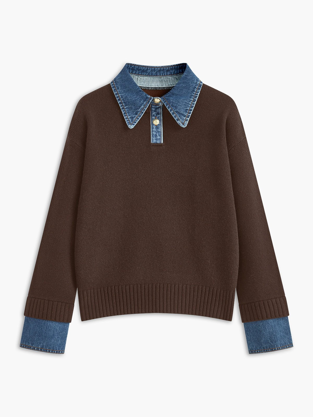 Layered knit polo sweater in navy featuring a denim collar and gold-tone buttons, perfect for stylish and casual outfits. 7