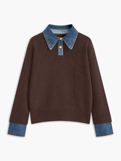 Layered knit polo sweater in navy featuring a denim collar and gold-tone buttons, perfect for stylish and casual outfits. 7