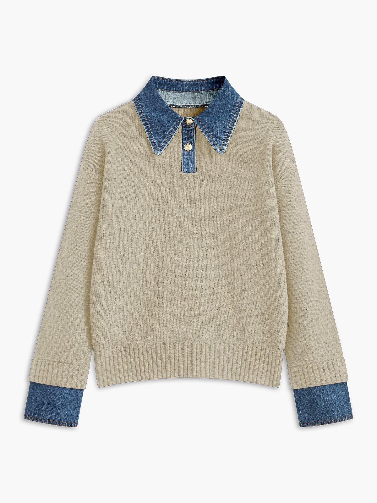 Layered knit polo sweater in navy featuring a denim collar and gold-tone buttons, perfect for stylish and casual outfits. 8