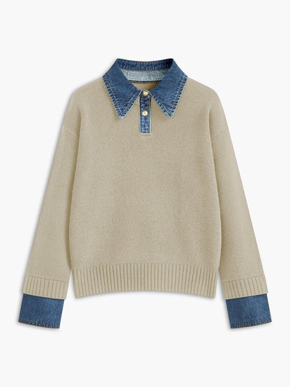Layered knit polo sweater in navy featuring a denim collar and gold-tone buttons, perfect for stylish and casual outfits. 8