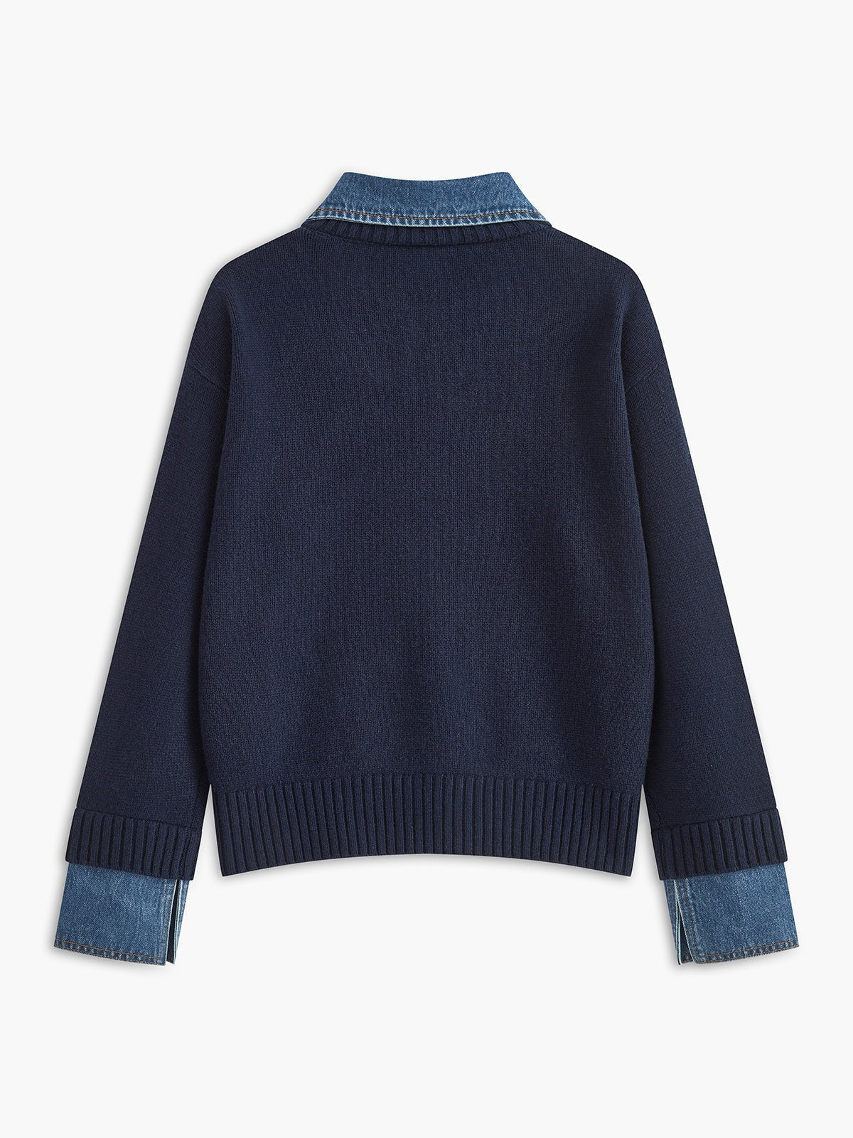 Layered knit polo sweater in navy featuring a denim collar and gold-tone buttons, perfect for stylish and casual outfits. 2