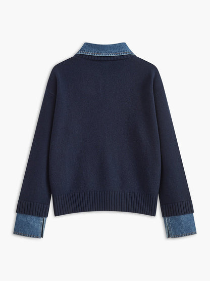 Layered knit polo sweater in navy featuring a denim collar and gold-tone buttons, perfect for stylish and casual outfits. 2