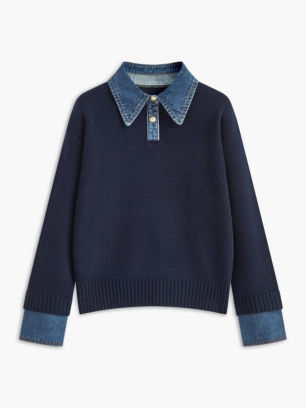 Layered knit polo sweater in navy featuring a denim collar and gold-tone buttons, perfect for stylish and casual outfits. 0