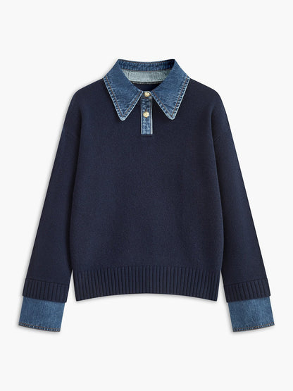 Layered knit polo sweater in navy featuring a denim collar and gold-tone buttons, perfect for stylish and casual outfits. 0