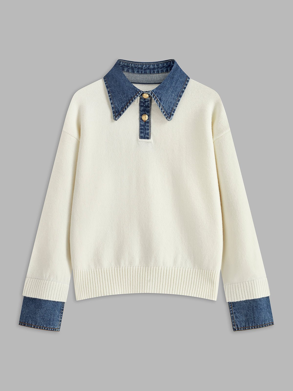 Layered knit polo sweater in navy featuring a denim collar and gold-tone buttons, perfect for stylish and casual outfits. 9