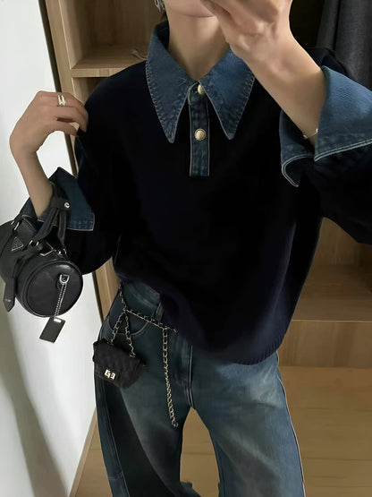 Layered knit polo sweater in navy featuring a denim collar and gold-tone buttons, perfect for stylish and casual outfits. 1