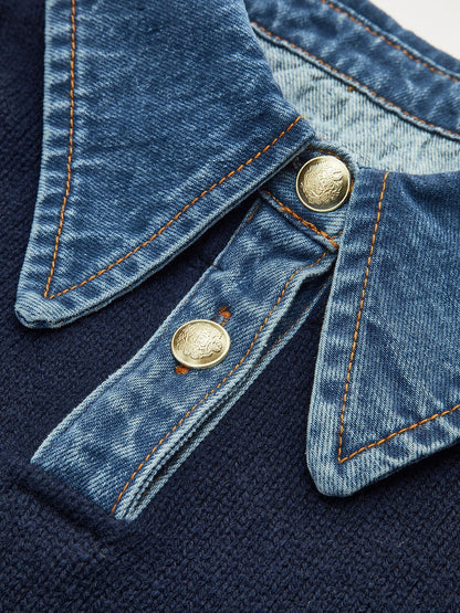Layered knit polo sweater in navy featuring a denim collar and gold-tone buttons, perfect for stylish and casual outfits. 3