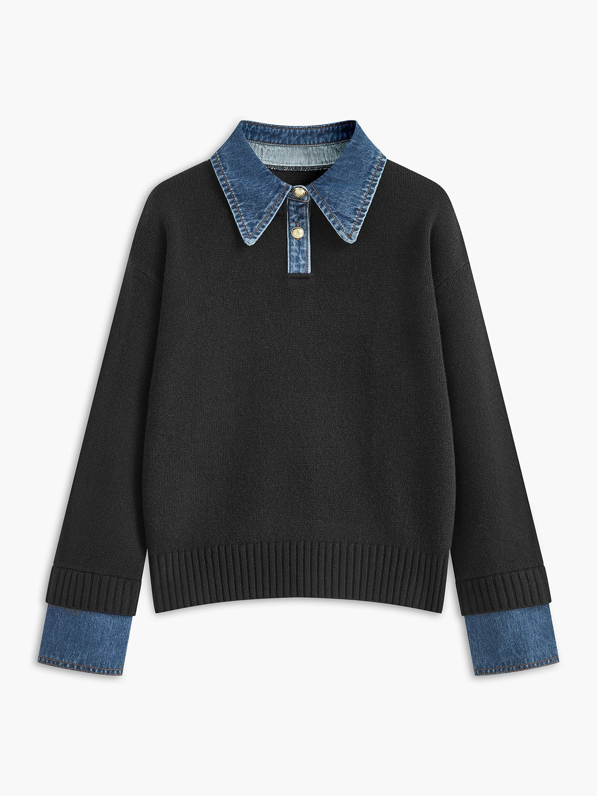 Layered knit polo sweater in navy featuring a denim collar and gold-tone buttons, perfect for stylish and casual outfits. 5