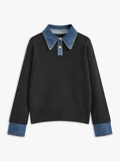 Layered knit polo sweater in navy featuring a denim collar and gold-tone buttons, perfect for stylish and casual outfits. 5