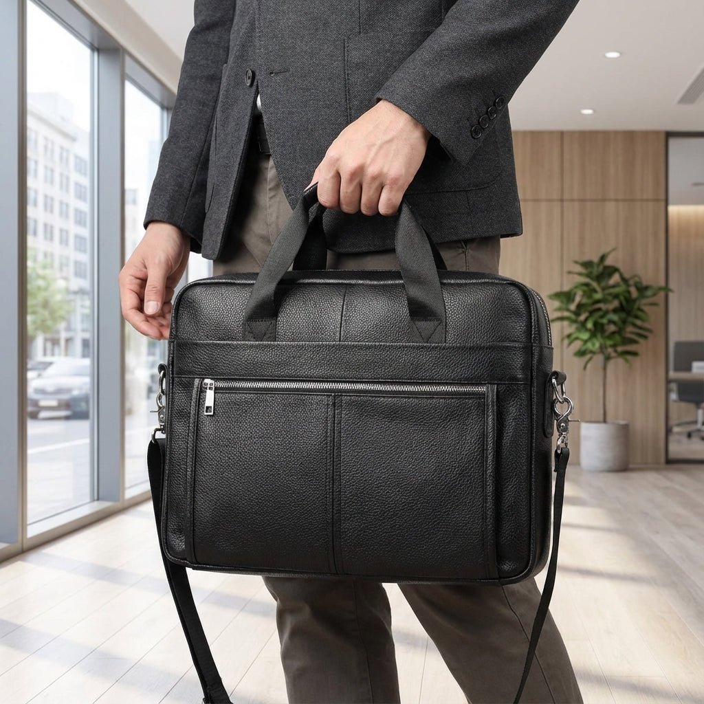 Leather briefcase for men with adjustable strap, featuring a vintage style design in genuine cowhide leather, perfect for carrying laptops and work essentials. 1