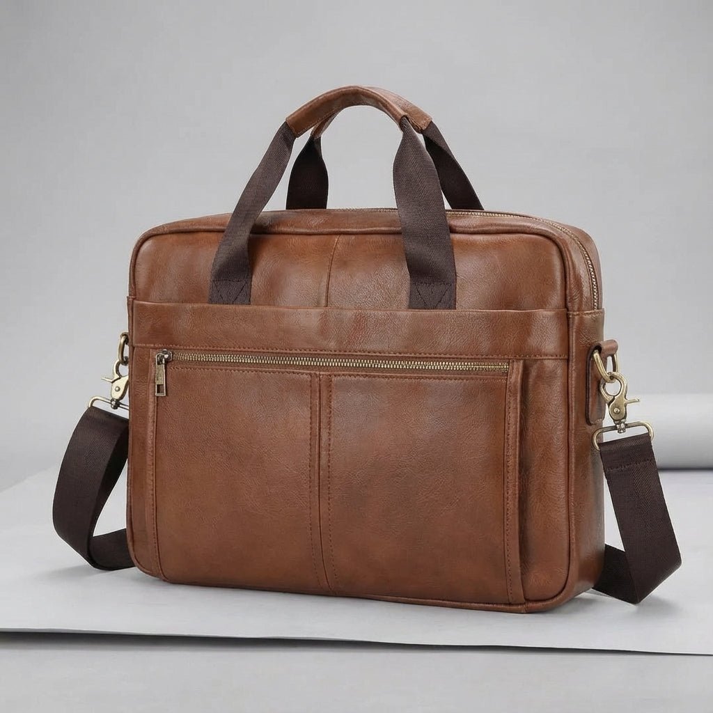 Leather briefcase for men with adjustable strap, featuring a vintage style design in genuine cowhide leather, perfect for carrying laptops and work essentials. 4