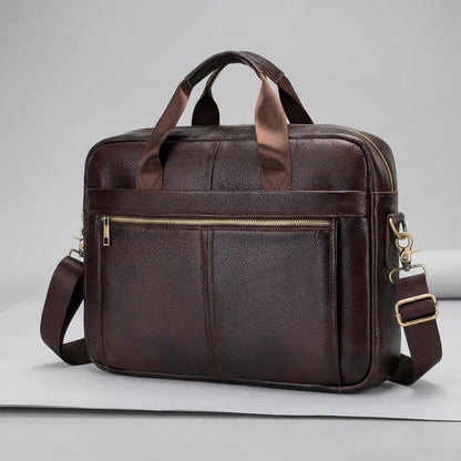 Leather briefcase for men with adjustable strap, featuring a vintage style design in genuine cowhide leather, perfect for carrying laptops and work essentials. 5