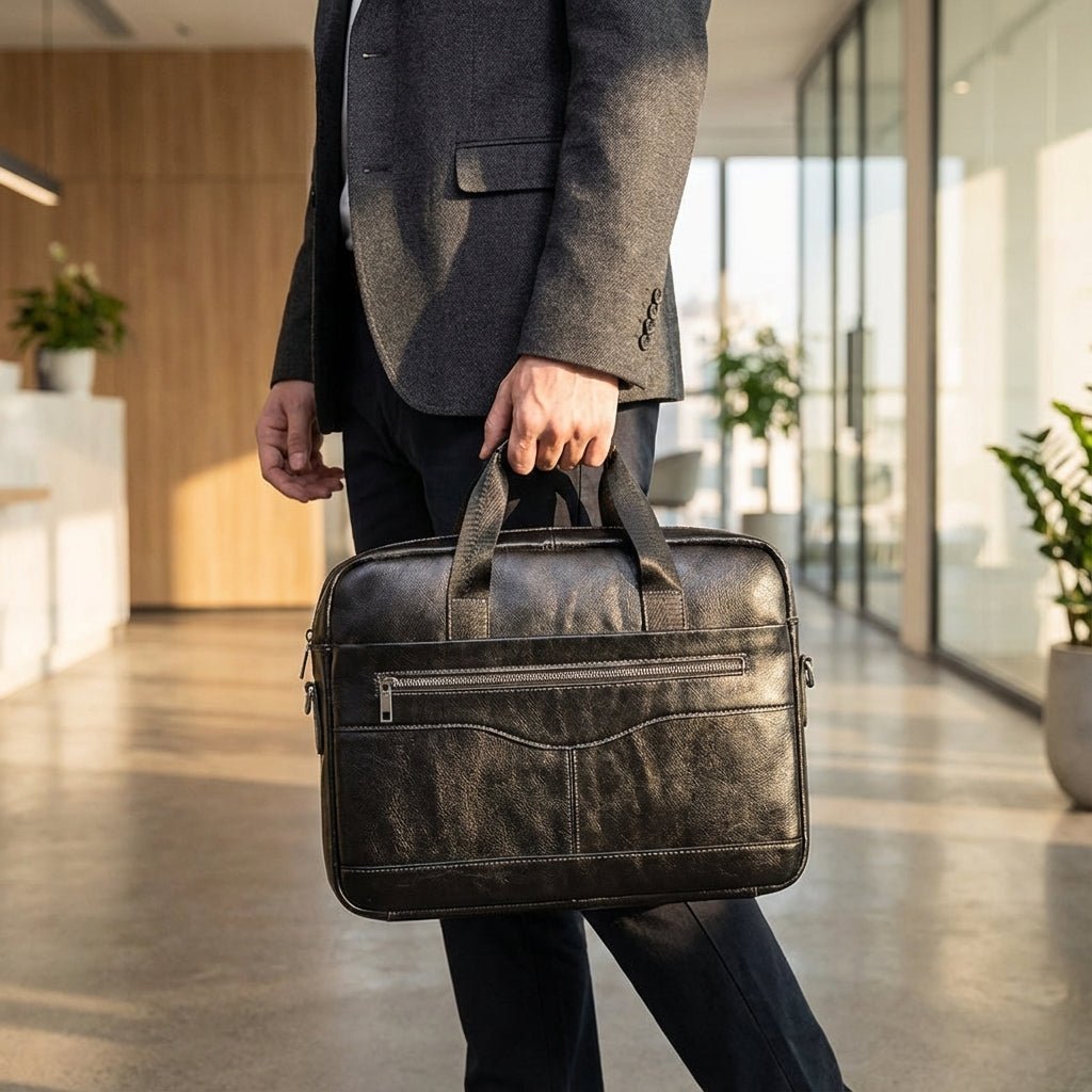 Stylish leather business briefcase featuring a padded laptop compartment, adjustable straps, and handles, perfect for professionals on the go. 1