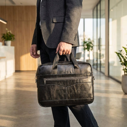 Stylish leather business briefcase featuring a padded laptop compartment, adjustable straps, and handles, perfect for professionals on the go. 1
