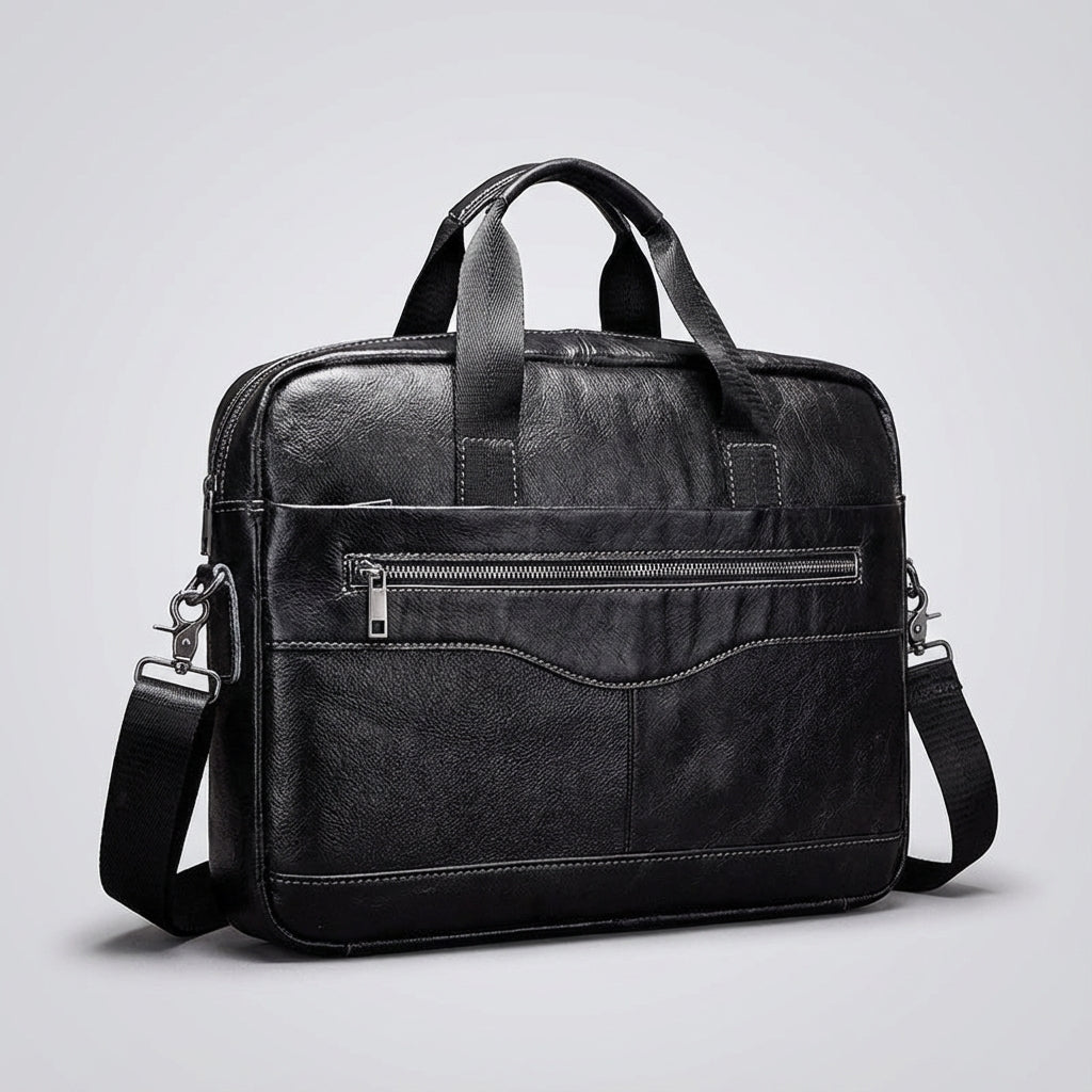 Stylish leather business briefcase featuring a padded laptop compartment, adjustable straps, and handles, perfect for professionals on the go. 2