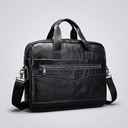 Stylish leather business briefcase featuring a padded laptop compartment, adjustable straps, and handles, perfect for professionals on the go. 2