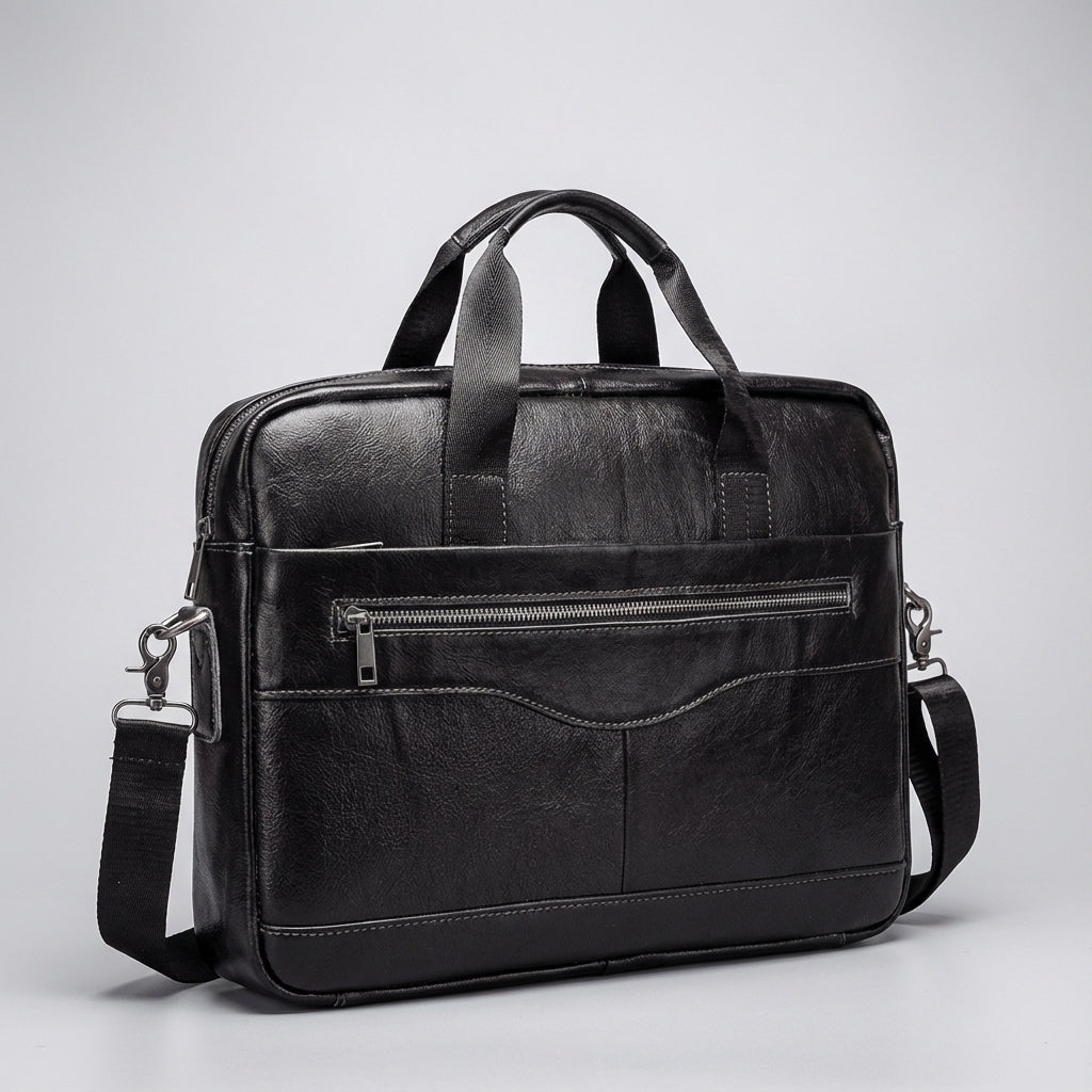Stylish leather business briefcase featuring a padded laptop compartment, adjustable straps, and handles, perfect for professionals on the go. 0