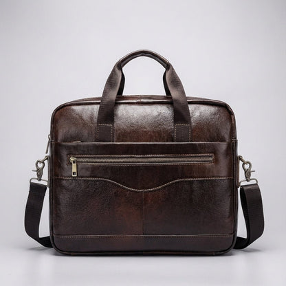 Stylish leather business briefcase featuring a padded laptop compartment, adjustable straps, and handles, perfect for professionals on the go. 4