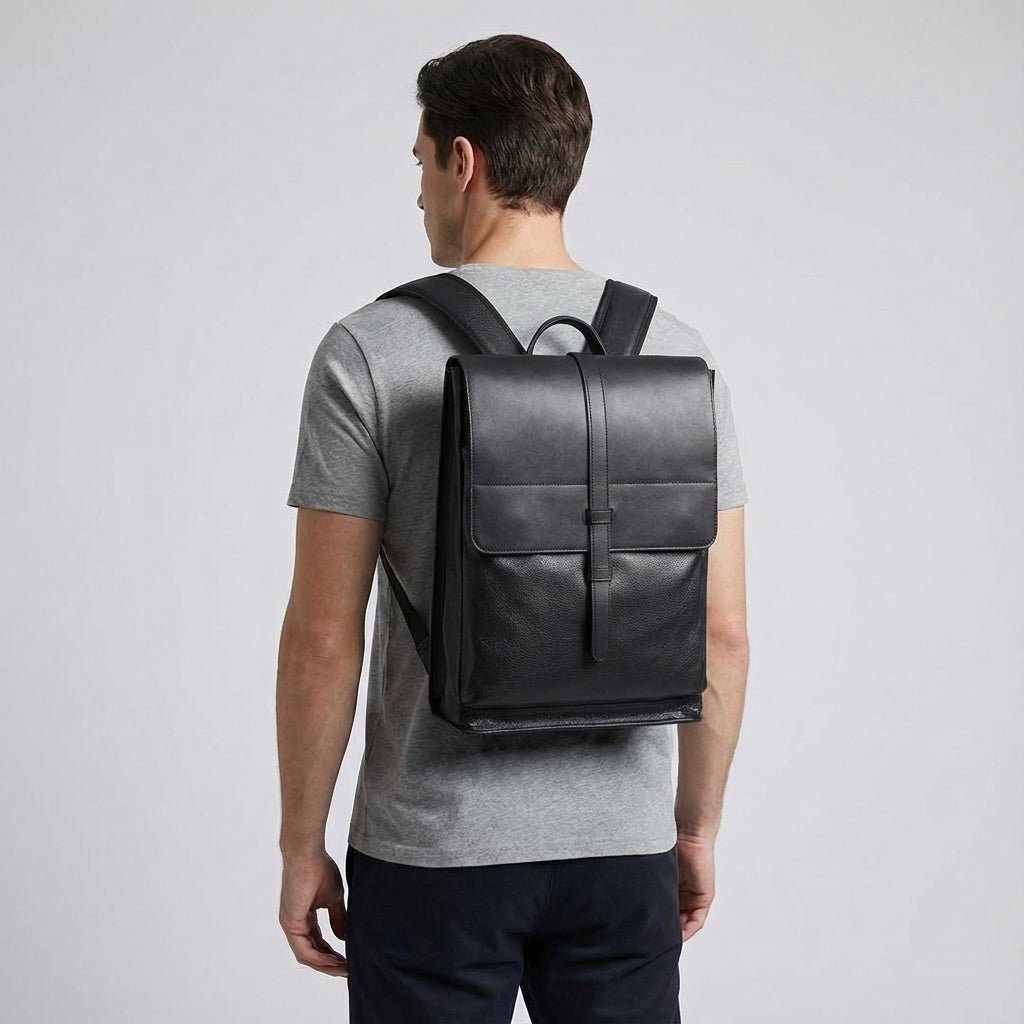 Leather laptop backpack designed for 17-inch laptops, featuring a multi-compartment layout for organized storage, crafted from premium cowhide, ideal for professional men 0