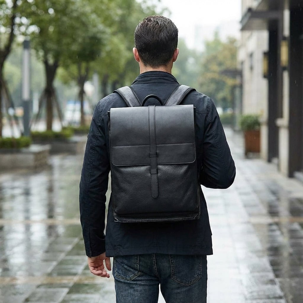 Leather laptop backpack designed for 17-inch laptops, featuring a multi-compartment layout for organized storage, crafted from premium cowhide, ideal for professional men 1