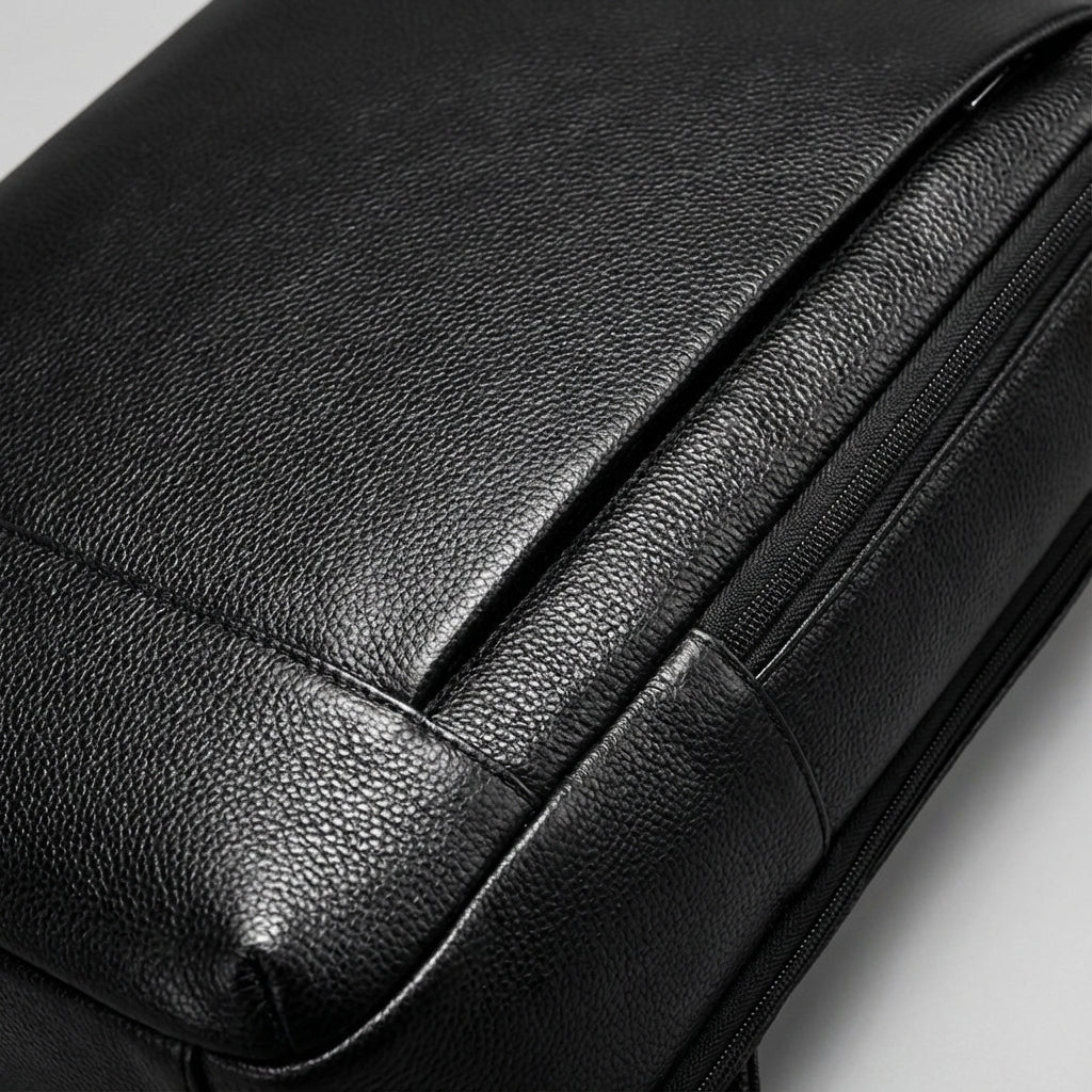 Stylish full grain leather laptop backpack designed for 17-inch devices featuring a padded compartment for protection and comfort. 2