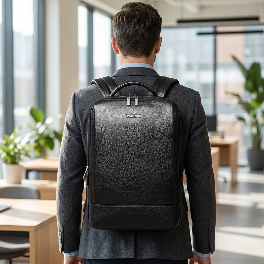 Stylish full grain leather laptop backpack designed for 17-inch devices featuring a padded compartment for protection and comfort. 0
