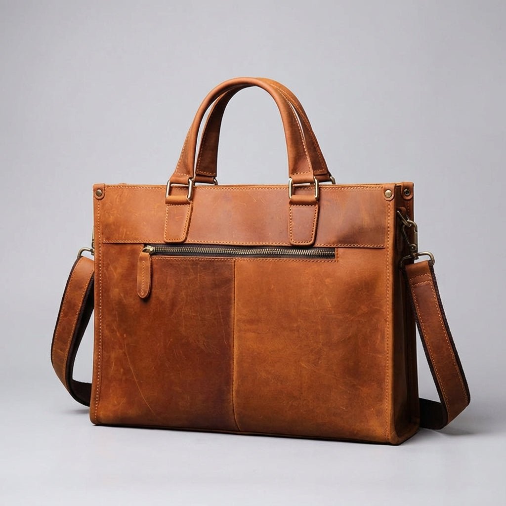 Leather laptop bag for 16-inch laptops featuring a vintage casual design, available in black or brown, with an adjustable strap for comfortable carrying. 2