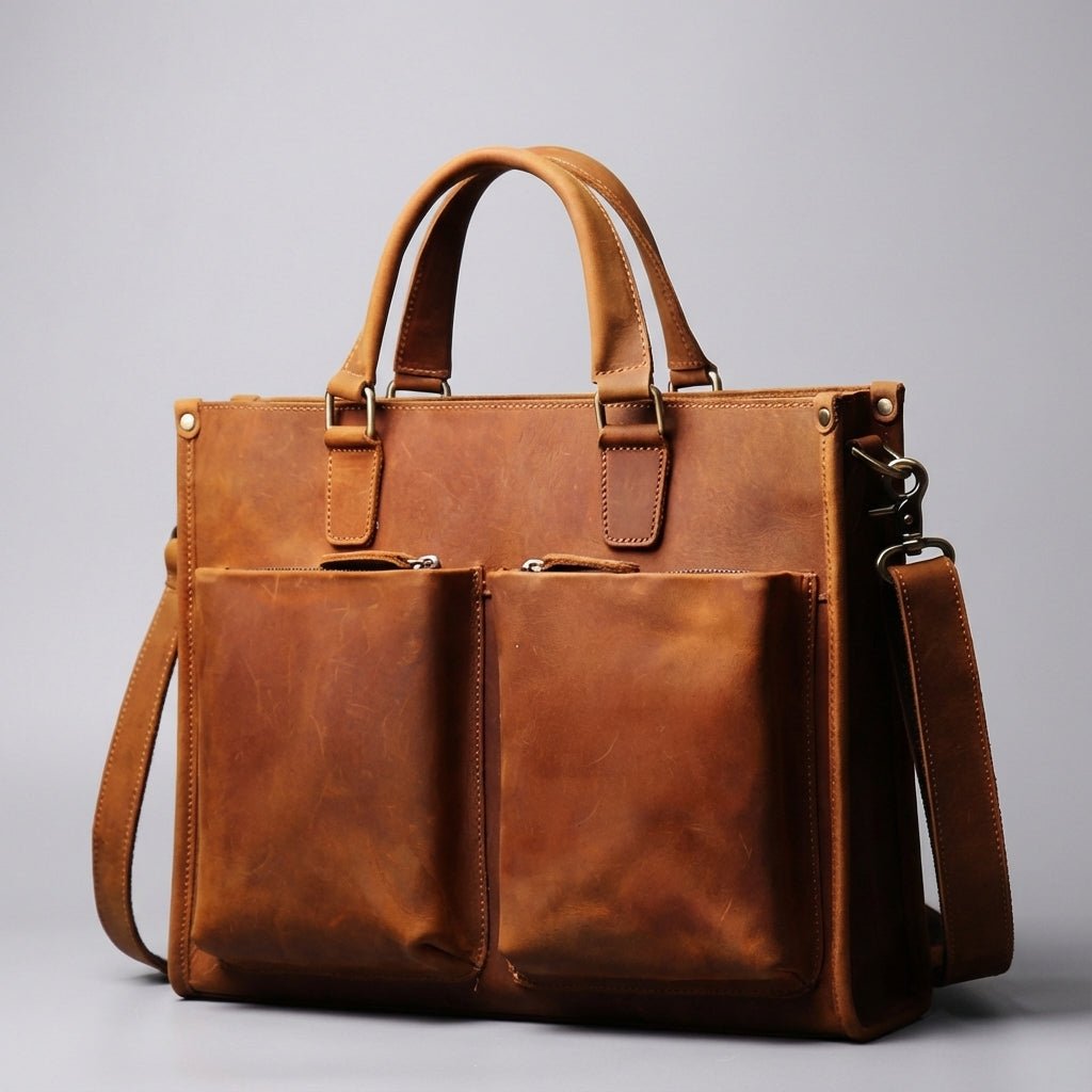 Leather laptop bag for 16-inch laptops featuring a vintage casual design, available in black or brown, with an adjustable strap for comfortable carrying. 4