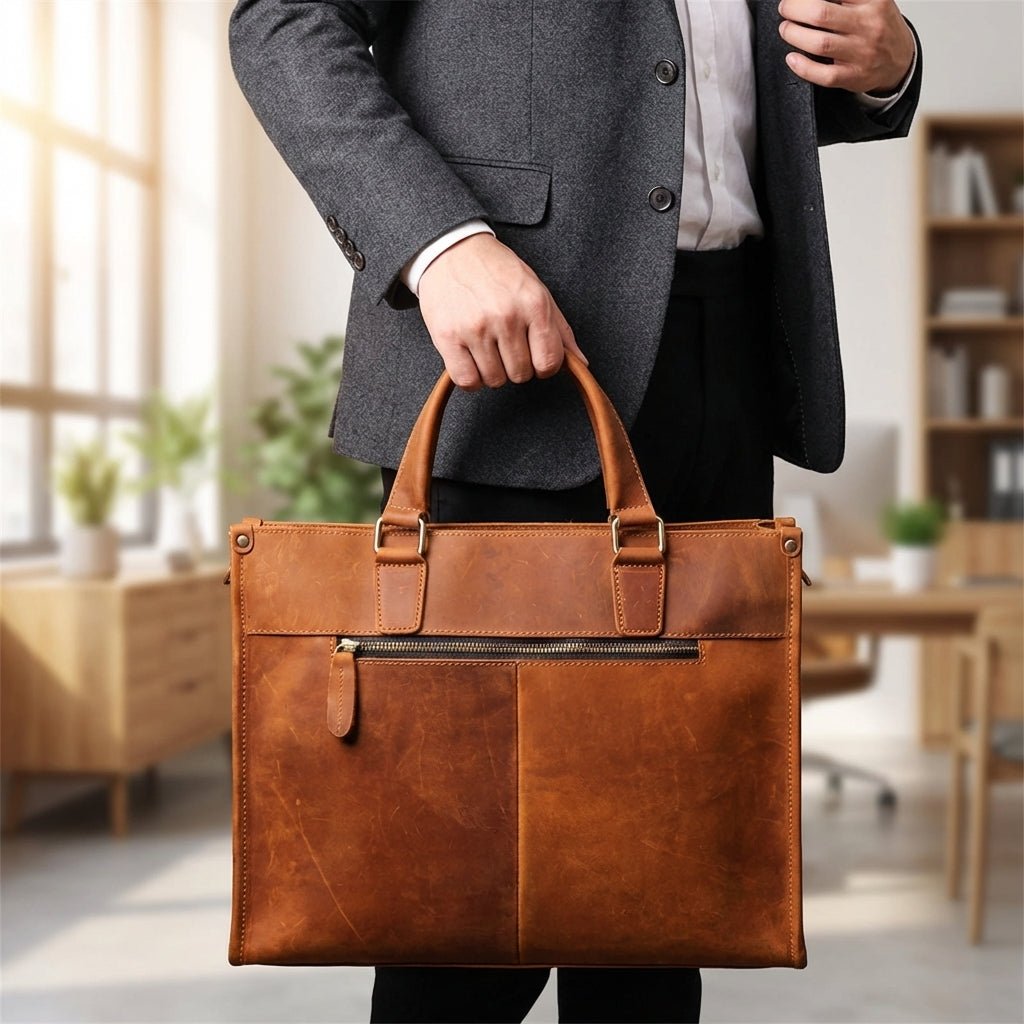 Leather laptop bag for 16-inch laptops featuring a vintage casual design, available in black or brown, with an adjustable strap for comfortable carrying. 1