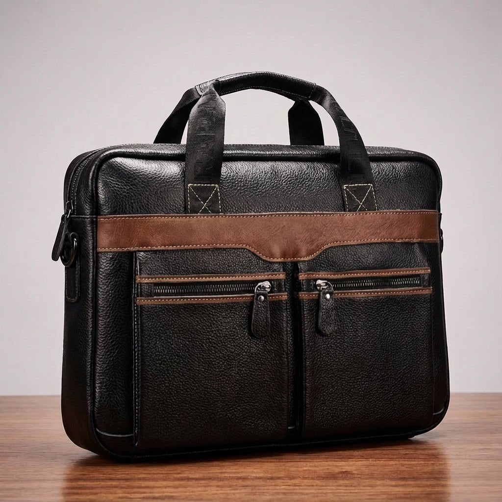 Stylish leather laptop bag designed for 15.6 inch laptops, featuring an adjustable strap and multiple pockets, crafted from high-quality cowhide. 6