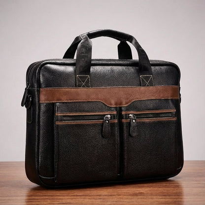 Stylish leather laptop bag designed for 15.6 inch laptops, featuring an adjustable strap and multiple pockets, crafted from high-quality cowhide. 6