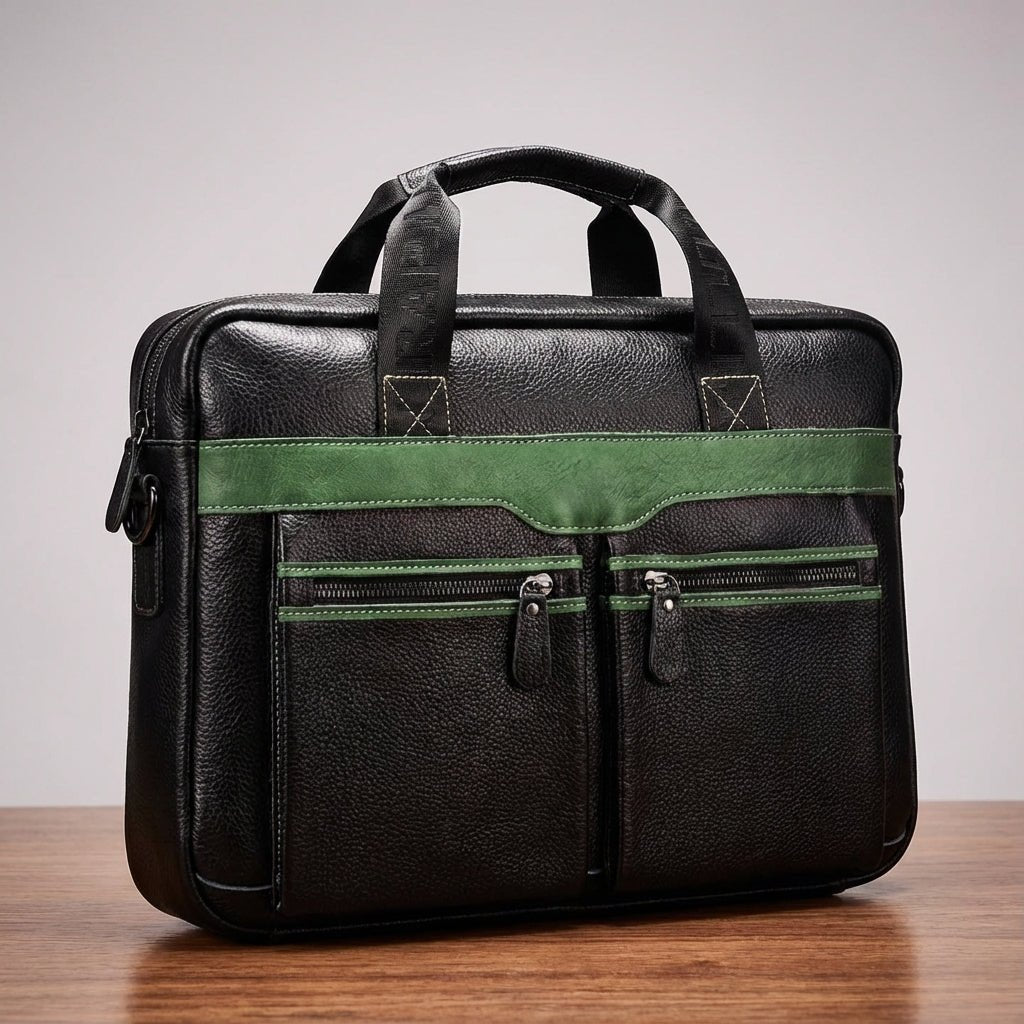Stylish leather laptop bag designed for 15.6 inch laptops, featuring an adjustable strap and multiple pockets, crafted from high-quality cowhide. 0
