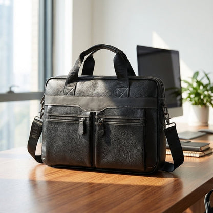 Stylish leather laptop bag designed for 15.6 inch laptops, featuring an adjustable strap and multiple pockets, crafted from high-quality cowhide. 1