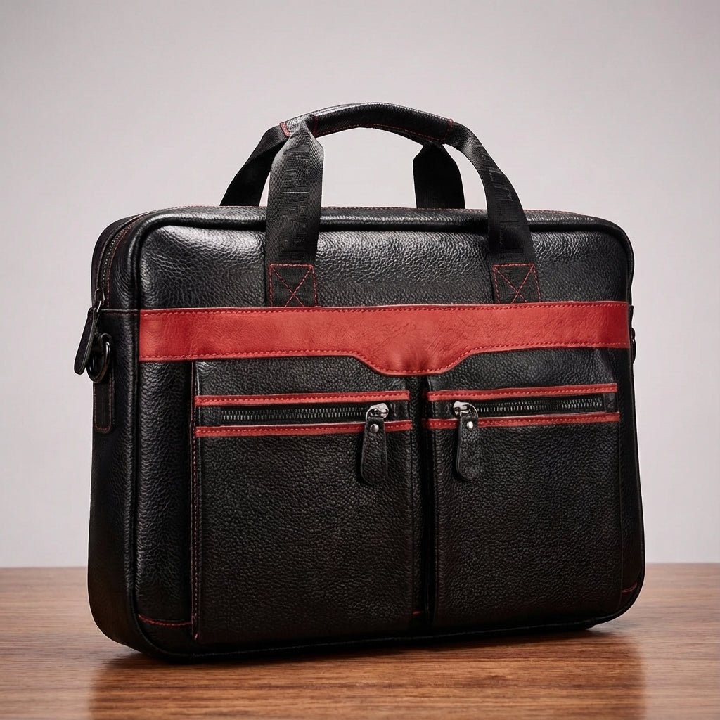 Stylish leather laptop bag designed for 15.6 inch laptops, featuring an adjustable strap and multiple pockets, crafted from high-quality cowhide. 4