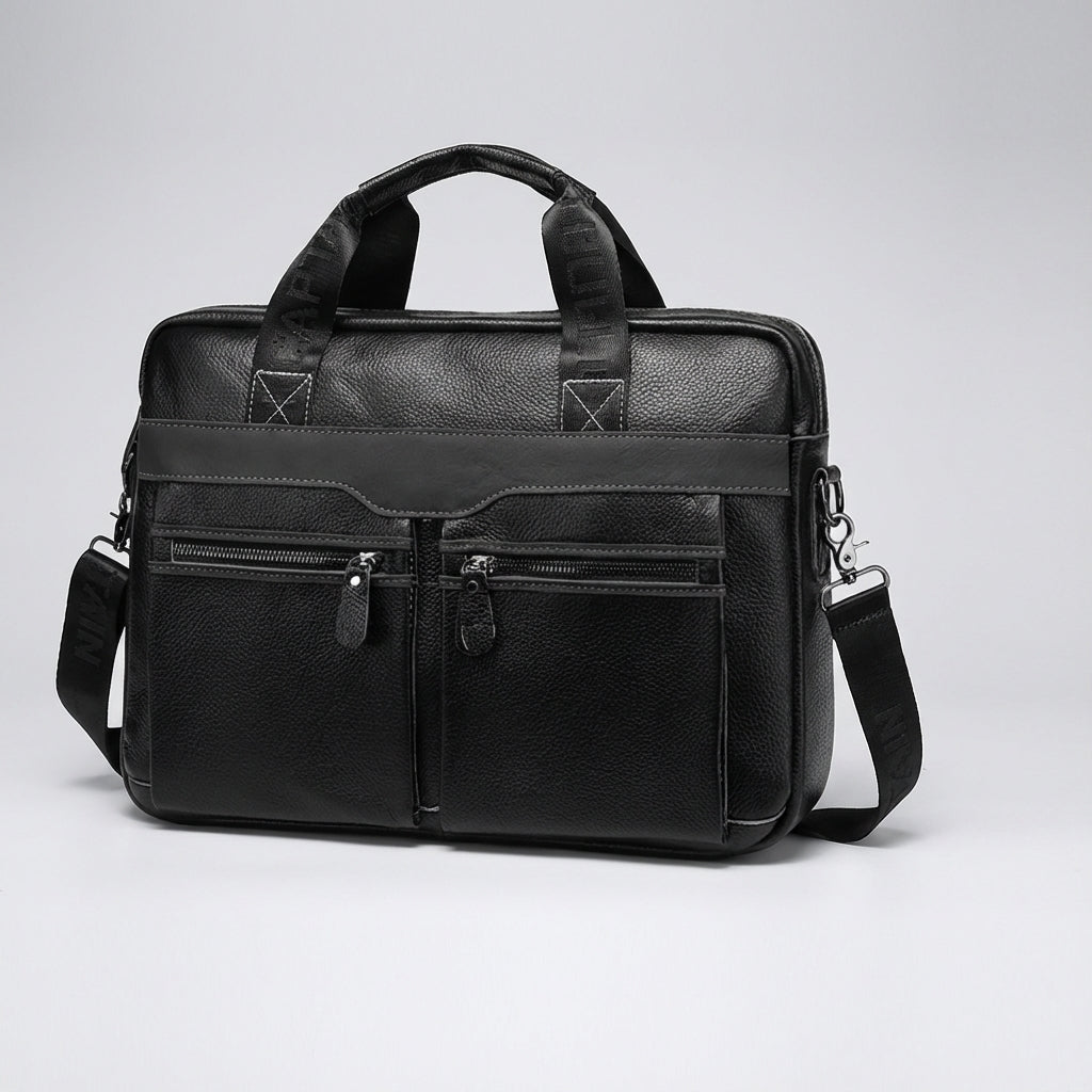 Stylish leather laptop bag designed for 15.6 inch laptops, featuring an adjustable strap and multiple pockets, crafted from high-quality cowhide. 2