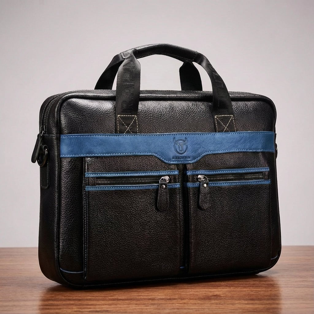 Stylish leather laptop bag designed for 15.6 inch laptops, featuring an adjustable strap and multiple pockets, crafted from high-quality cowhide. 5