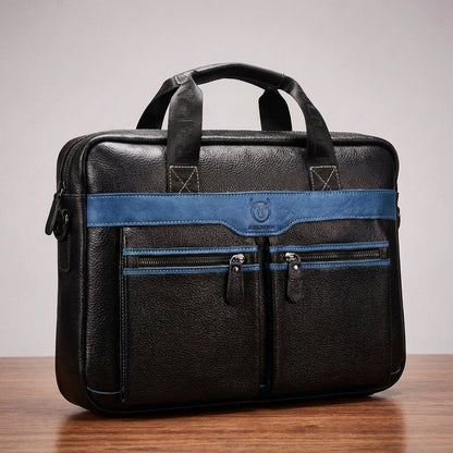 Stylish leather laptop bag designed for 15.6 inch laptops, featuring an adjustable strap and multiple pockets, crafted from high-quality cowhide. 5