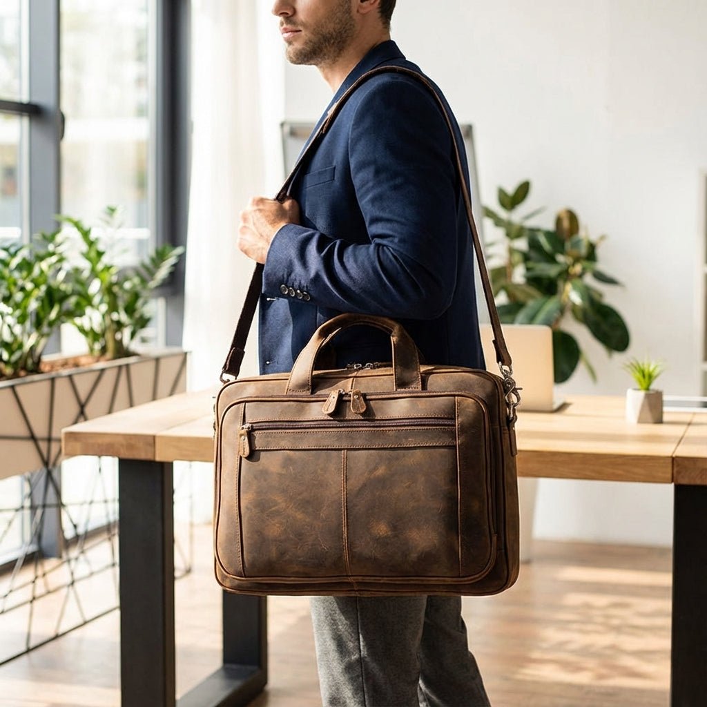 Leather laptop bag with adjustable strap and vintage design, perfect for 17-inch men's laptops, showcasing premium craftsmanship and style. 0