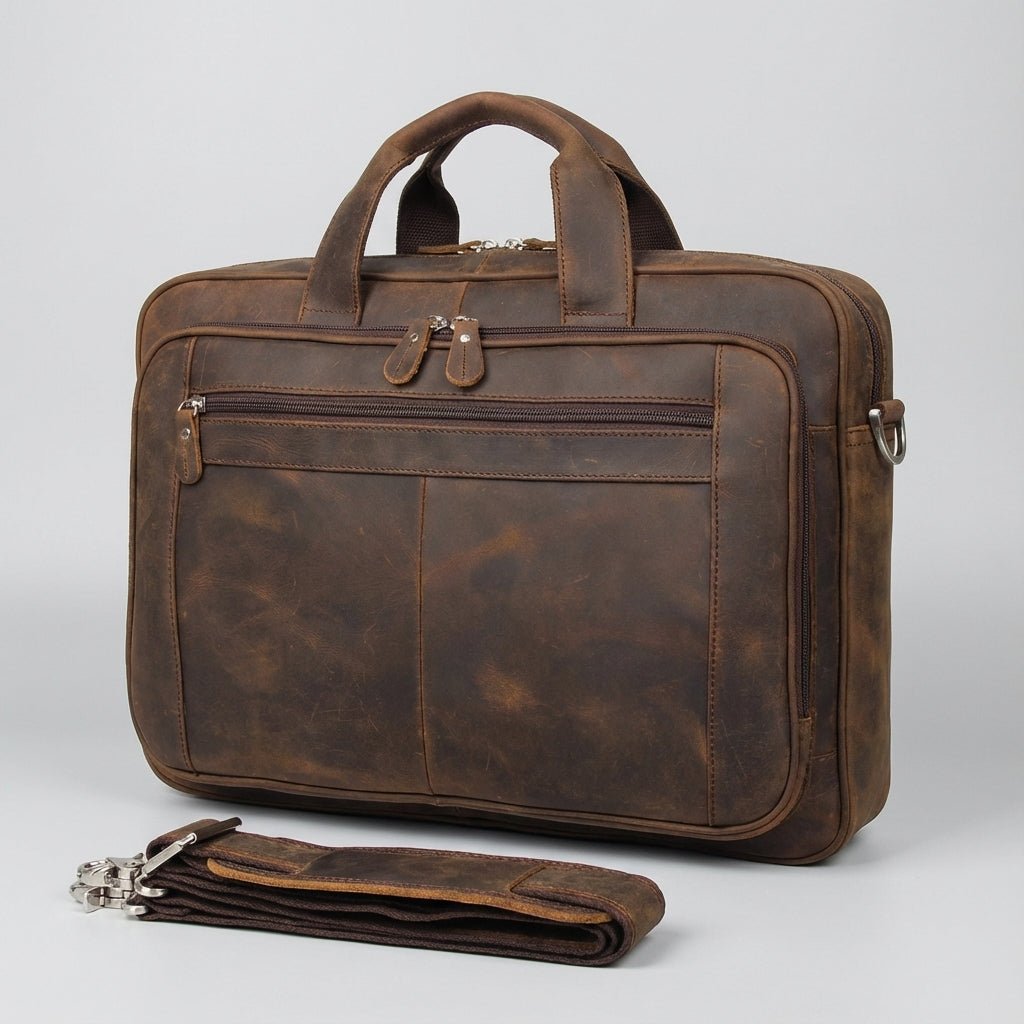 Leather laptop bag with adjustable strap and vintage design, perfect for 17-inch men's laptops, showcasing premium craftsmanship and style. 1