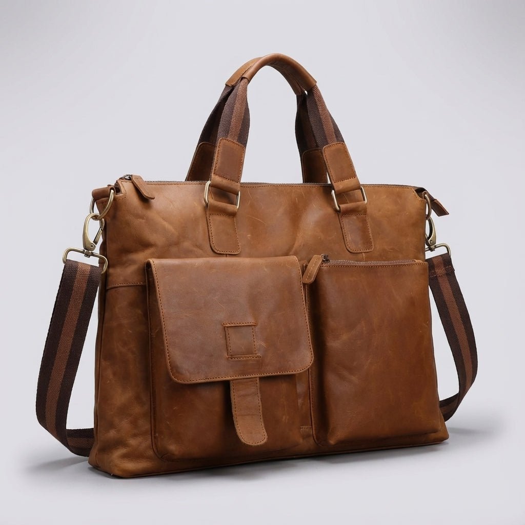 Leather laptop bag featuring an adjustable strap and a vintage design, spacious professional briefcase for men, ideal for work and travel. 2