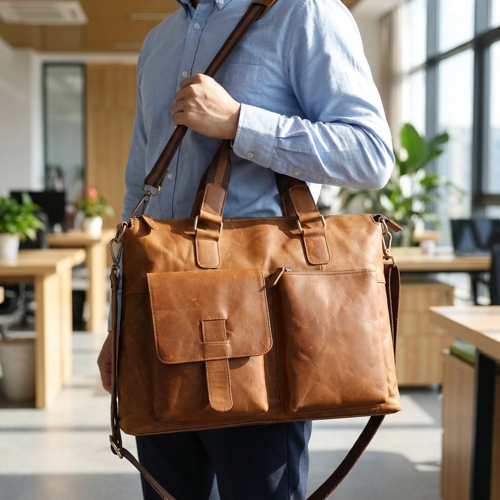 Leather laptop bag featuring an adjustable strap and a vintage design, spacious professional briefcase for men, ideal for work and travel. 1